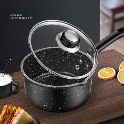 Small saucepan, enamel milk pan, 14cm, induction compatible, stylish and convenient multi-pot, non-stick coating, glass lid included, perfect for outd