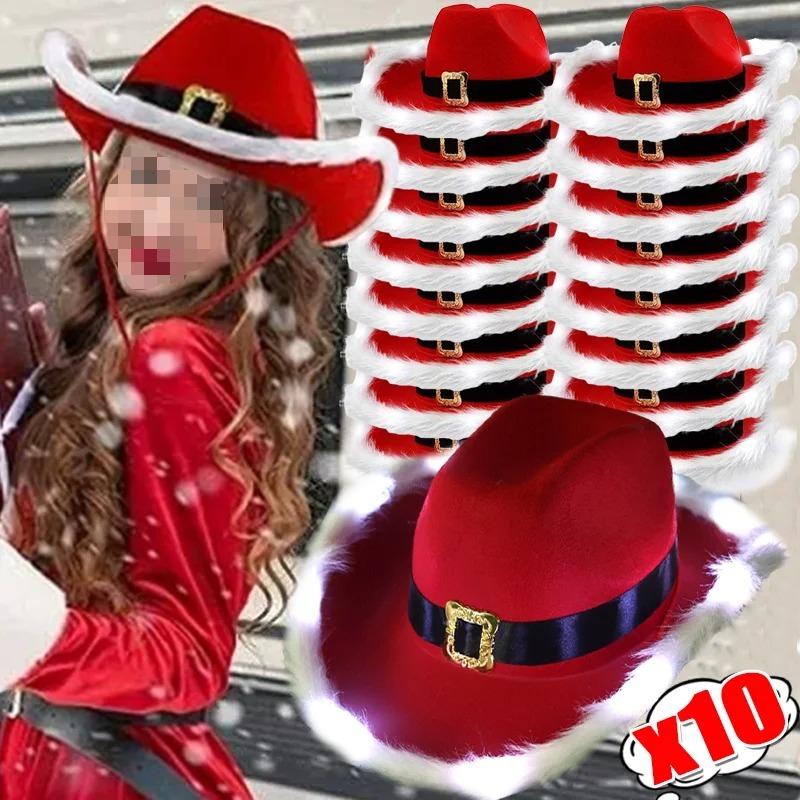 1-10pcs European and American Men's and Women's Cowboy Hat Red Western Cowboy Hats Christmas Feather Santa Claus Illuminated Hat