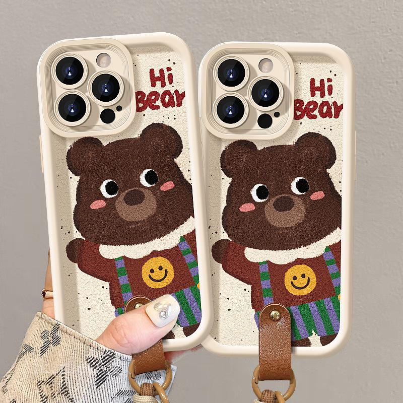 Cute bear doll lanyard suitable for Apple 11 mobile phone case 11PRO lambskin 11/11 matte silicone anti-drop