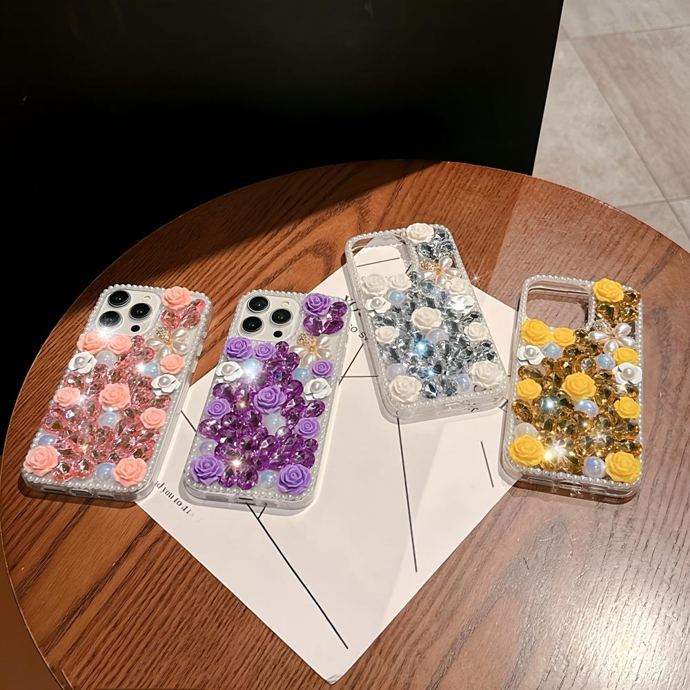 Glitzer Bling Handyhülle Für Google Pixel 10 9 Pro XL 9A 8 8A 7 7A 6 6A 3D Rose Blume mit Diamanten und Perlen Hülle