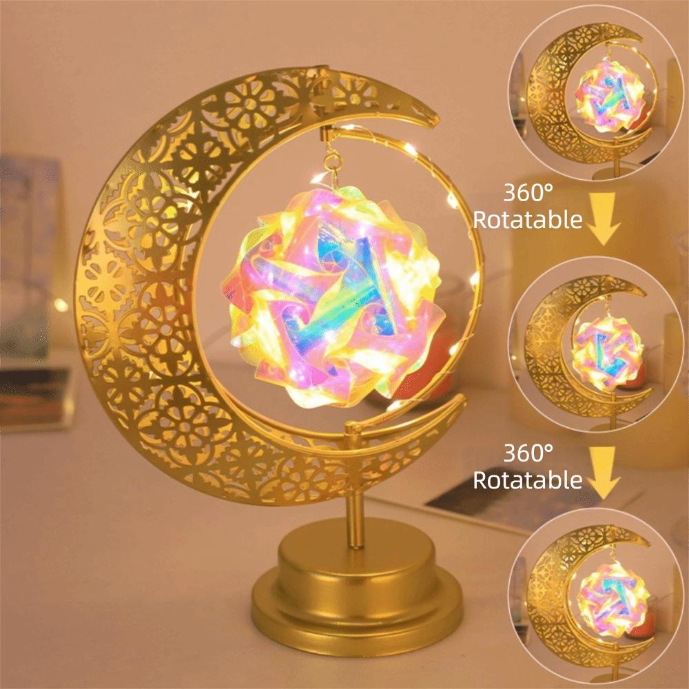 Metal LED Moon Lamp Elegant Rotating Design Ramadan Desk Lamp Crescent Moon Golden Finish Night Light Middle Eastern Party