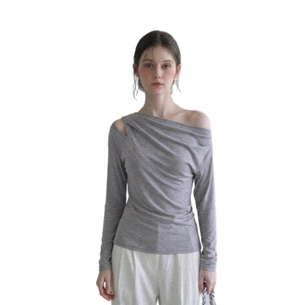 Gray off-the-shoulder long-sleeved t-shirt women's autumn new design pure desire slanted shoulder slim-fit top