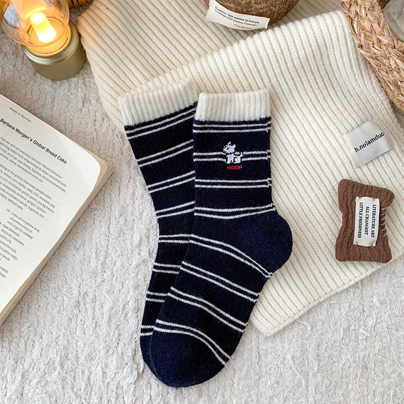 Winter Warm Cartoon Embroidered Puppy Wool Black And White Striped Socks Mid-Leg Socks Korean Thickened Cute