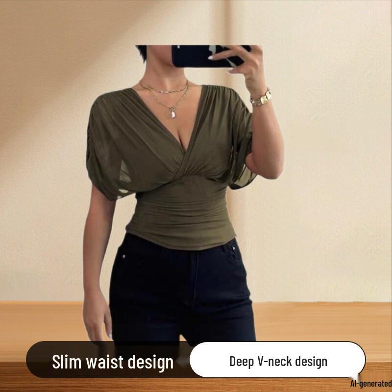 2026 Women's V-Neck Puff Sleeve Fitted Waist Fashion Top