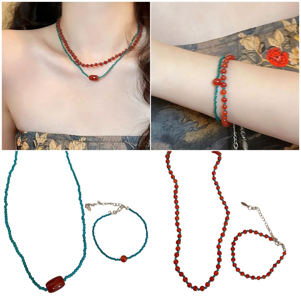 Adjustable Multistrand Beads Jewelry Set Necklace Bracelet Set Women Fashion Accessories Beaded Clavicle Chain for Daily