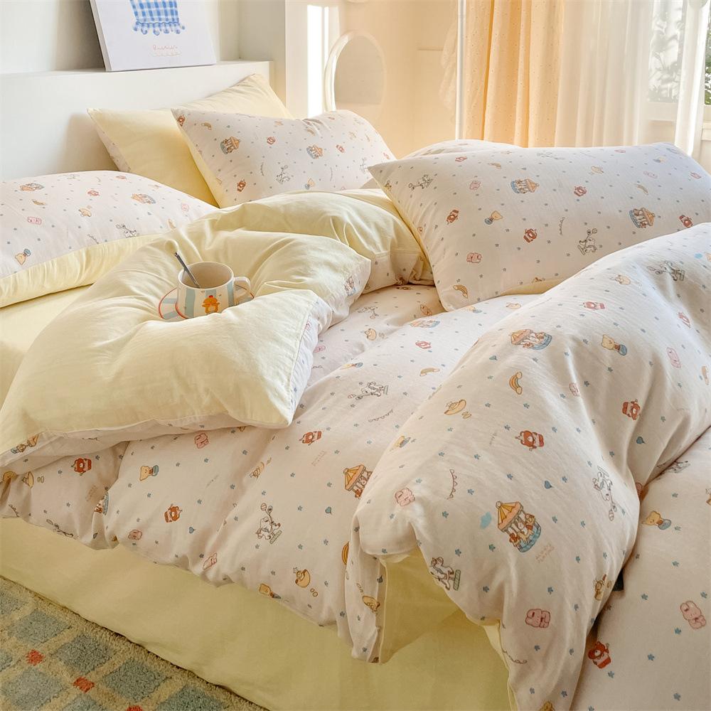 Pure Cotton Class A Maternal And Infant Grade Double-Layer Yarn Four-Piece Set, Summer Breathable Small Floral Dormitory Can Be Washed Without Pilling