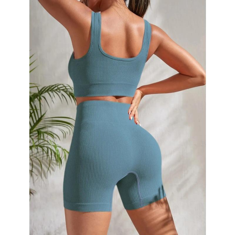 Nahtlose gerippte Yoga-Sets, Workout-Sets für Frauen, 2-teilig, Fitnessstudio-Anzüge, geripptes Crop-Tanktop, Shorts mit hoher Taille, Outfits für Fitness und Laufen