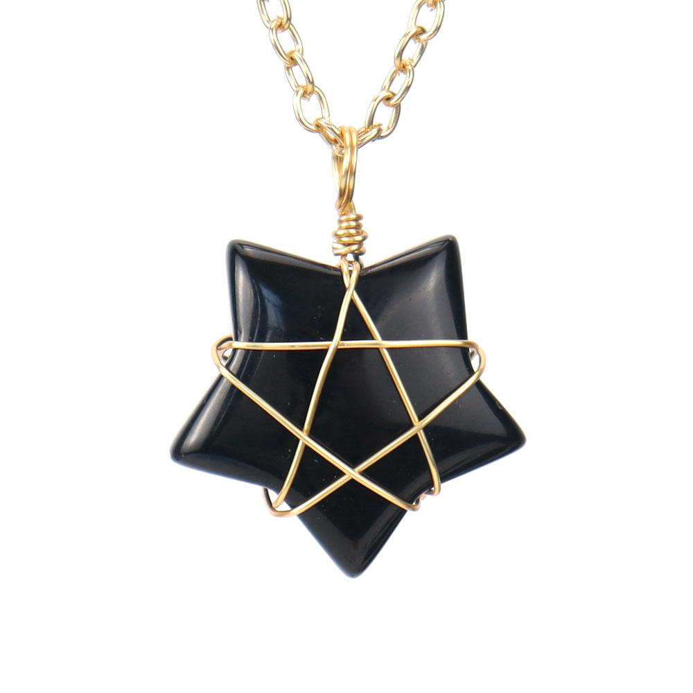 Hand-Wound Gold Natural Crystal Agate Pentagram Tiger Stone Star Necklace N583