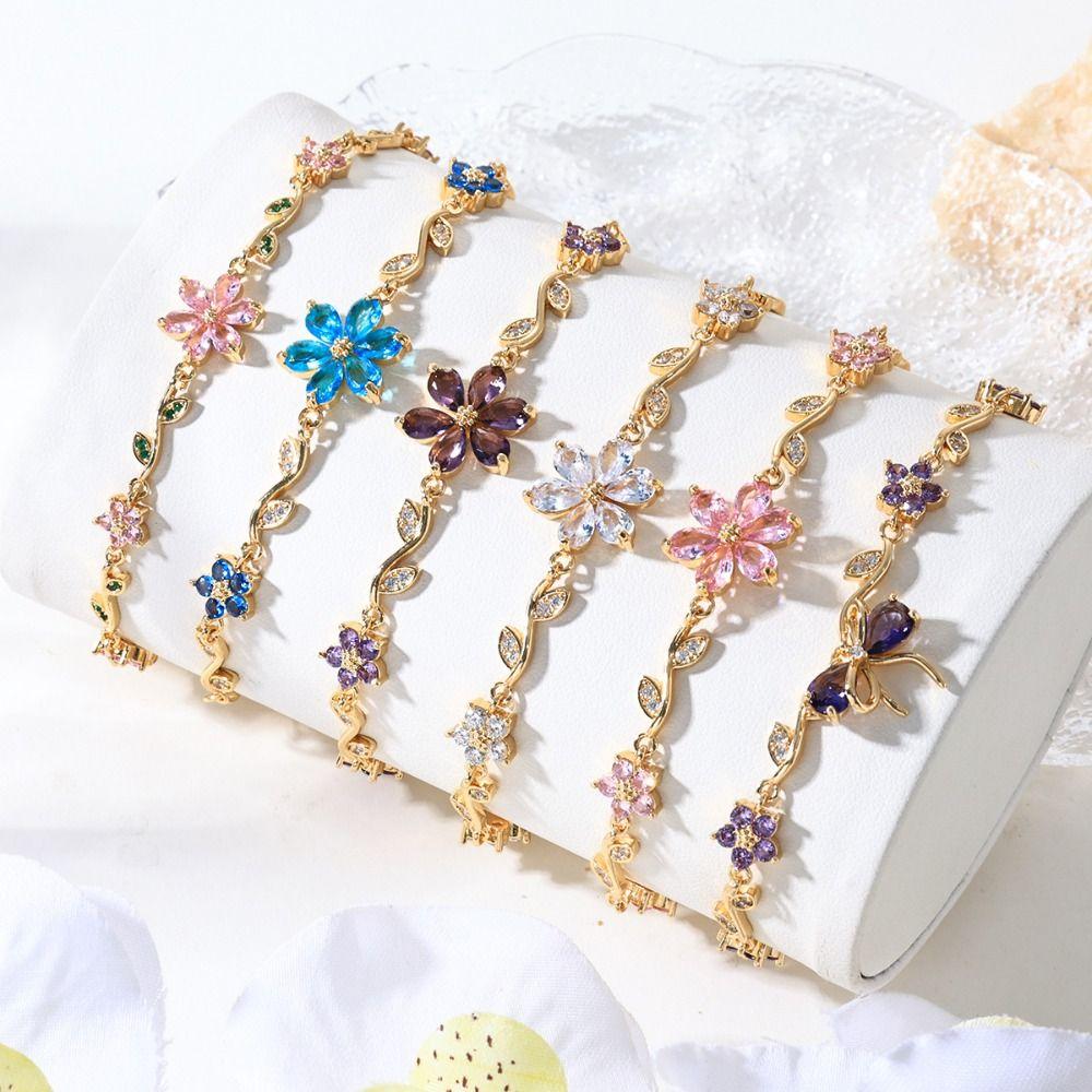 Luxury Pink Cubic Zirconia Chain Fashion Shiny Rhinestone Bangle  For Women
