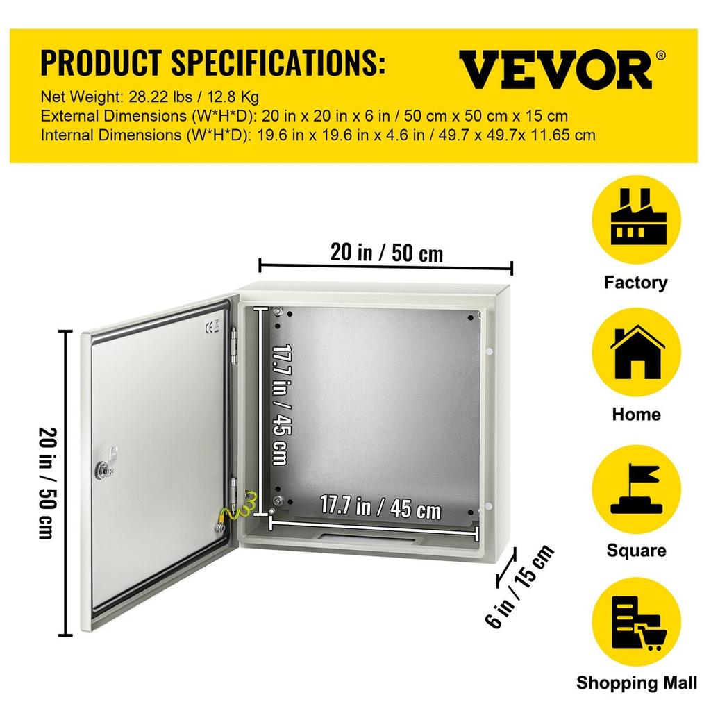 NEMA Steel Enclosure, 20 X 20 X 6\'\' NEMA 4X Steel Electrical Box, IP66 Waterproof & Dustproof, Outdoor/Indoor Electrical Junction Box, with Mounting