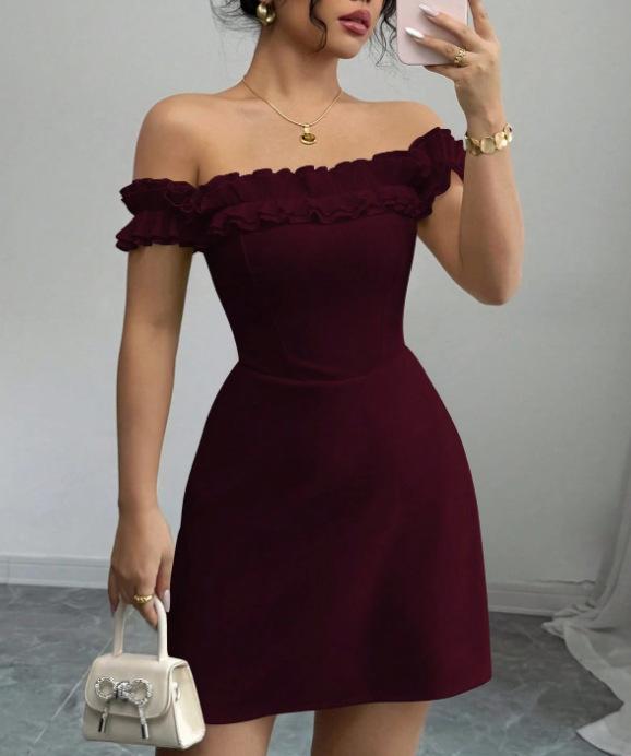 European and American retro pure desire sexy celebrity one-word collar temperament royal sister design sense hip-wrapped short dress