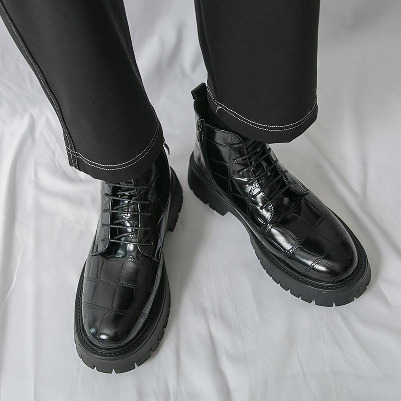 Men Motorcycle Casual Black Outdoor Retro Brown Leather Elevator Shoes High Boots Street Style Punk Boots Large Size