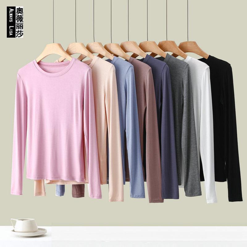 Women's Crew Neck Long Sleeve Tee Slim Fit Commuter Casual Top Solid Rayon Spandex Summer Undershirt Basic Layering Shirt