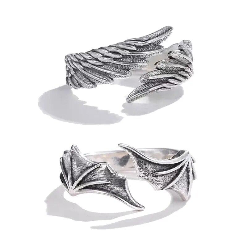 Gothic Punk Angel Devil Wings Adjustable Womens Ring For Hip Hop Fine Female Rings Couple Christmas Gift Jewelry Party Set
