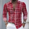 Men's Irregular Line Grid 3D Printed Long Sleeved Shirt, Business Casual Lapel Button Up Cardigan