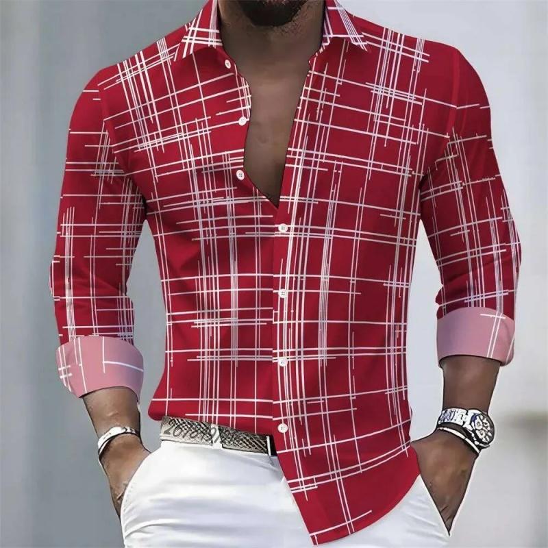 Men's Irregular Line Grid 3D Printed Long Sleeved Shirt, Business Casual Lapel Button Up Cardigan