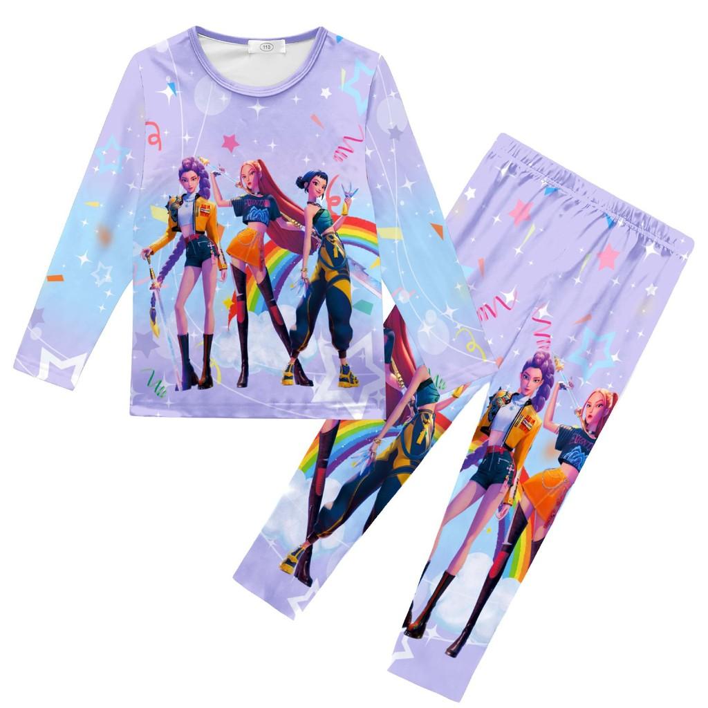 Kids Girls K-POP Rumi Mira Zoey Print Long Sleeves T-Shirt Top Pants Trousers Pajamas Sleeping Sleepwear Sets