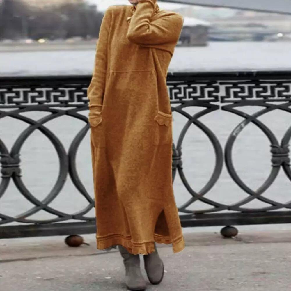 LYRIA New Autumn and Winter Loose Long Skirt Plus Velvet Sweatshirt Casual Dress Women Fashion Solid O Neck Long Sleeve Holiday Dress 5XL
