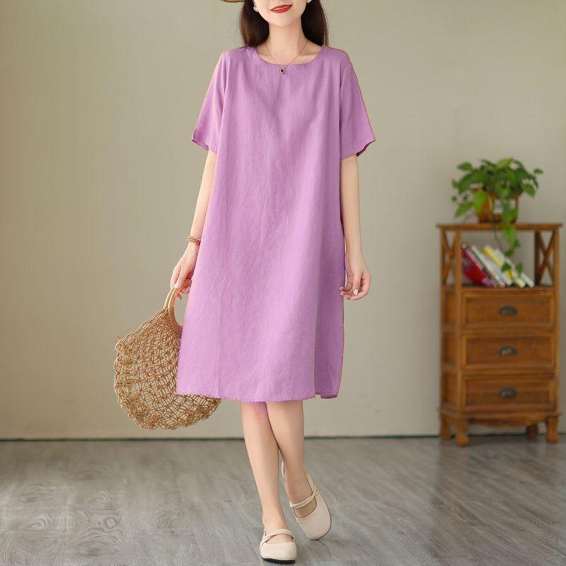 Cotton Linen Dress Female Summer Large Size Loose Simple Mid-length Round Neck Simple Skirt