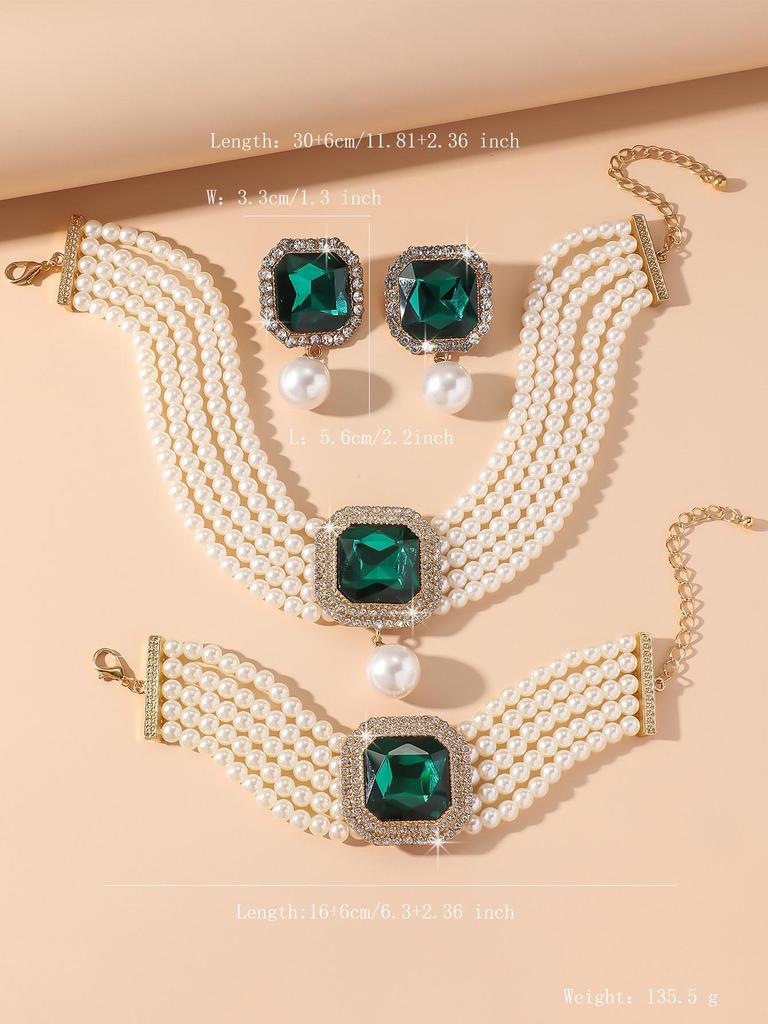 European Luxury Multi-Layer Faux Pearl & Crystal Jewelry Set – Necklace, Earrings, Bracelet - Colorful, Fashionable, and Exquisite Accessories