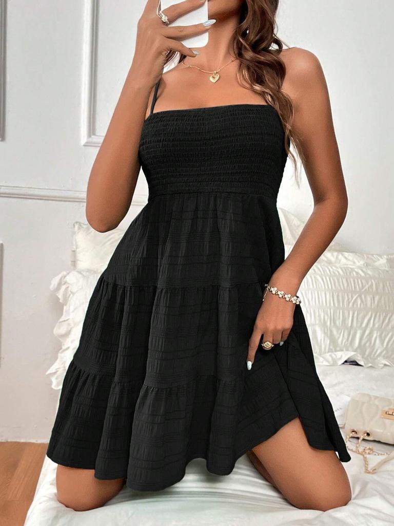 2025 Summer European and American Women's One-Shoulder Thin Strap Textured Dress