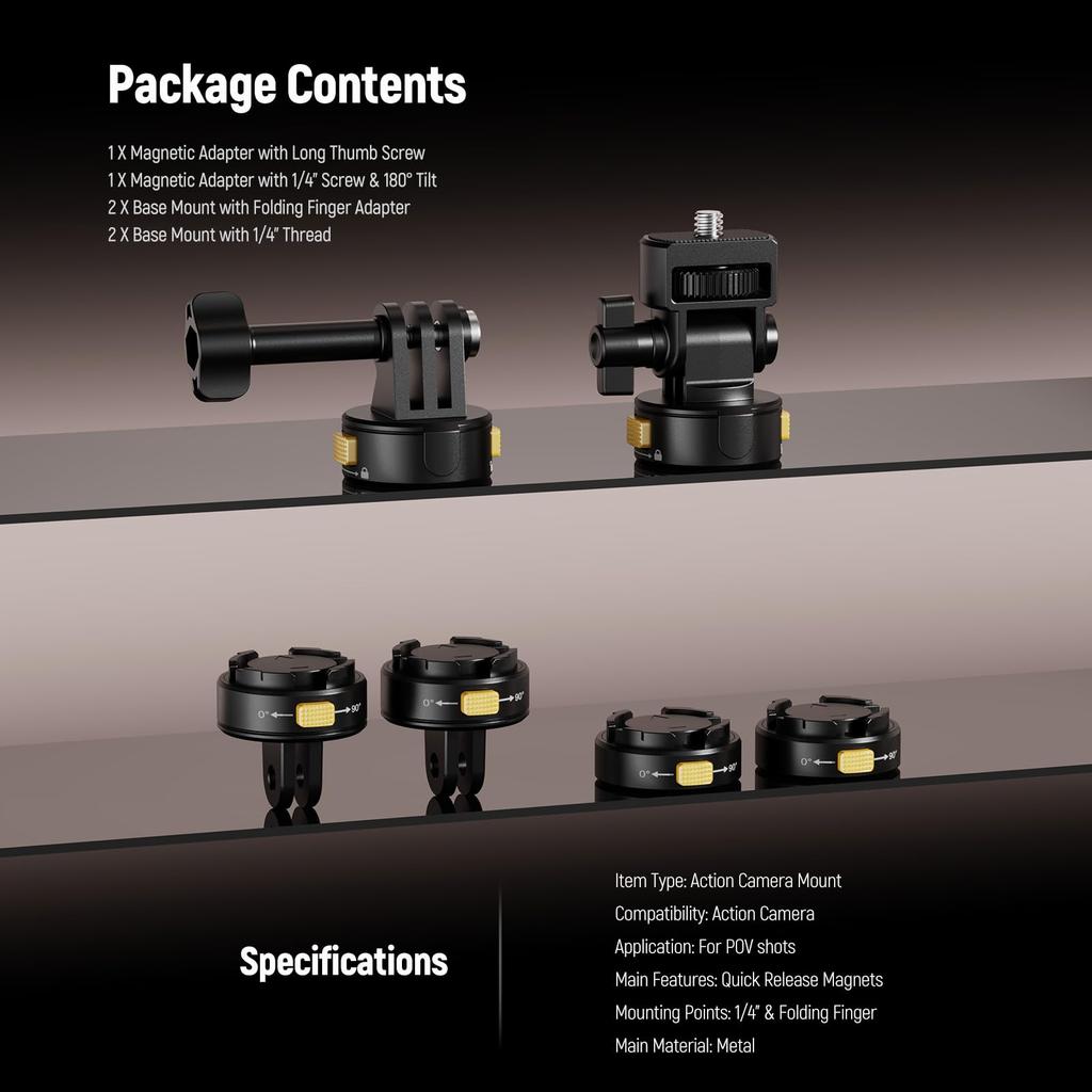 NEEWER Action Camera Mount Compatible with Hero 11 DJI Osmo Metal Magnetic Quick Release Mount with Screw and Folding Fingers for POV Photography