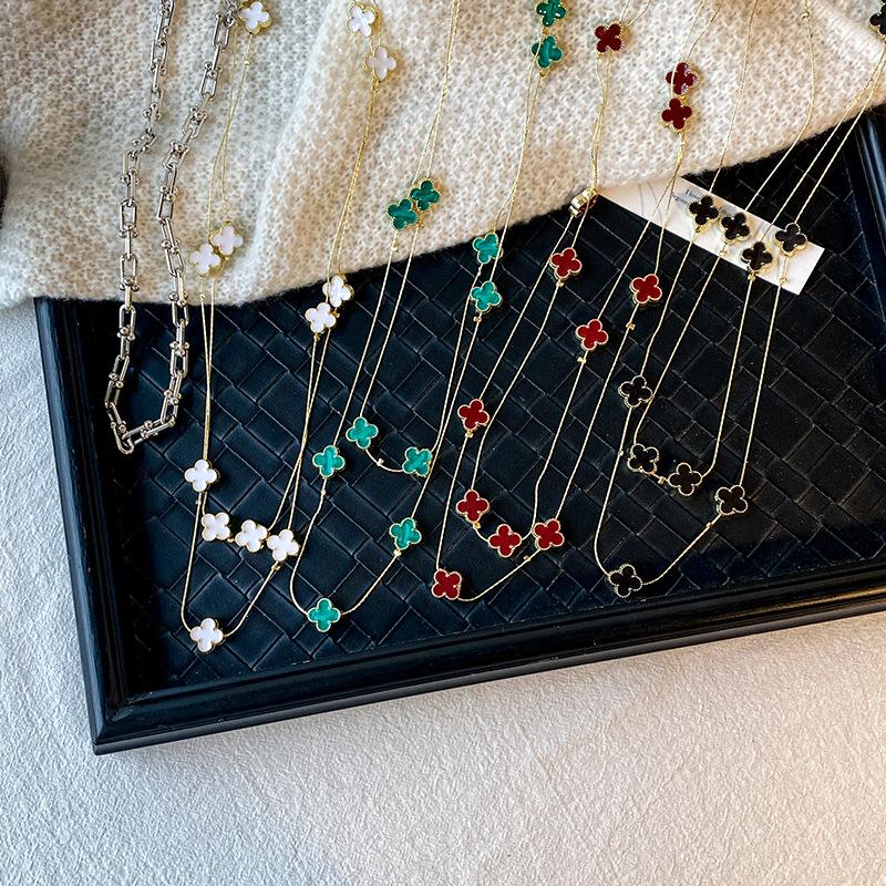 Light Luxury Four-leaf Clover Long Necklace Women with Fall and Winter Sweater Chain High-level Sense of Double Layered Stacked Clothes Pendant