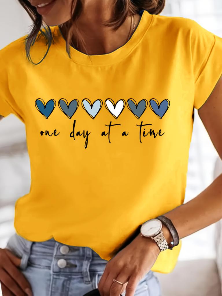 Women'S Casual Graphic T-Shirt - It'S One Day at a Time Heart Print, Short Sleeve Round Neck Top for Spring & Summer