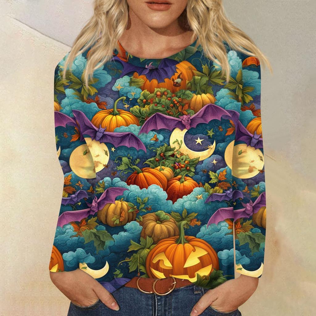 Women's Fashion Casual Long Sleeve Halloween Print Round Neck Top