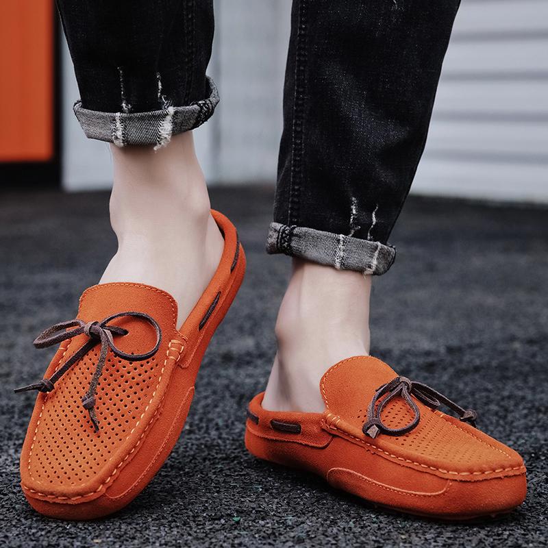 2024 Half Slippers Mens Slip on Moccasins Suede Shoes Men Casual Driving Shoes Breathable Loafers Fashion Half Shoes Lazy Shoes