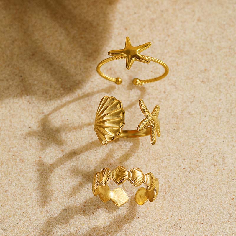 3Pcs/Set Stainless Steel Starfish Shell Rings Set For Women Vintage Gold Open Adjustable Ring Summer Beach Jewelry Gifts