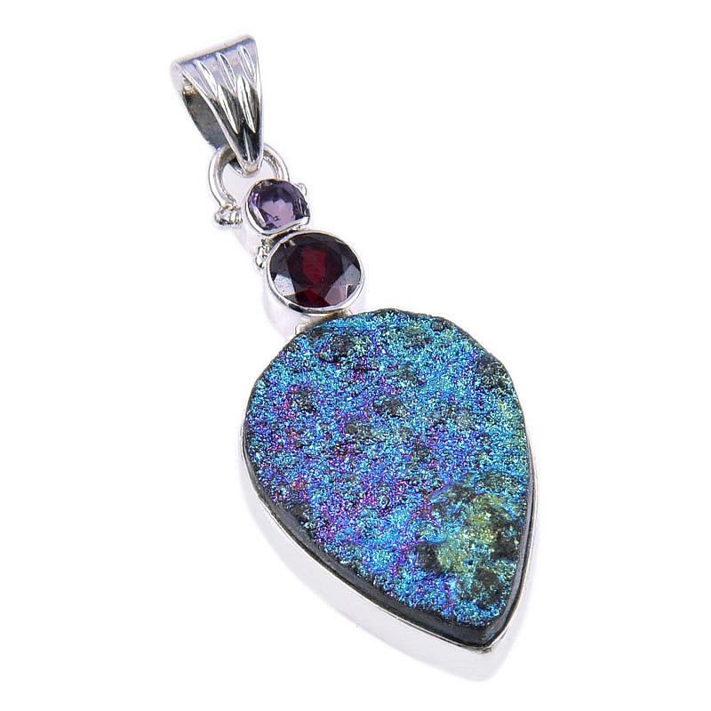 Natural Titanium Druzy,Garnet Gemstone 925 Solid Sterling Silver Pendant 2" r9r28