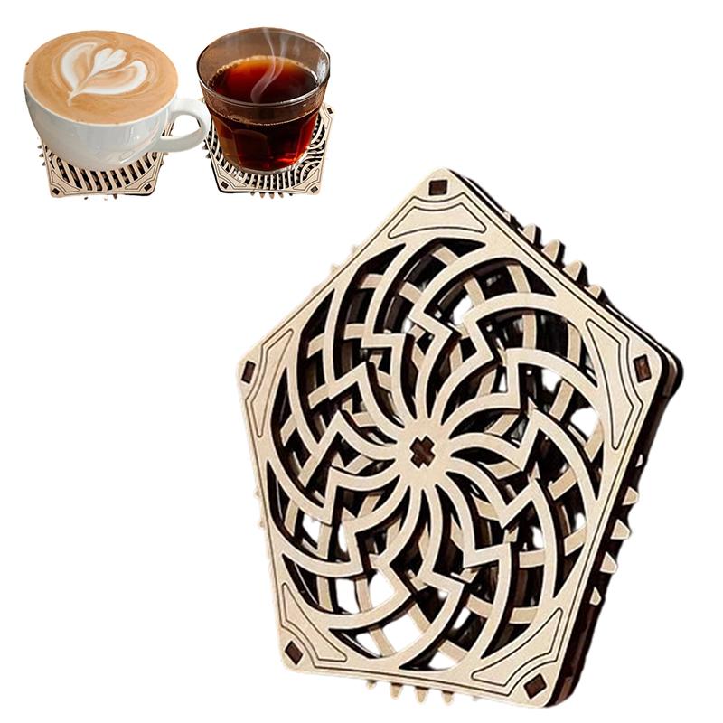 Kinetic Coaster Handmade Unique Pentagram Design Swivel Wooden Coasters Subtle Spiral Texture For Home/Office Decor Gifts
