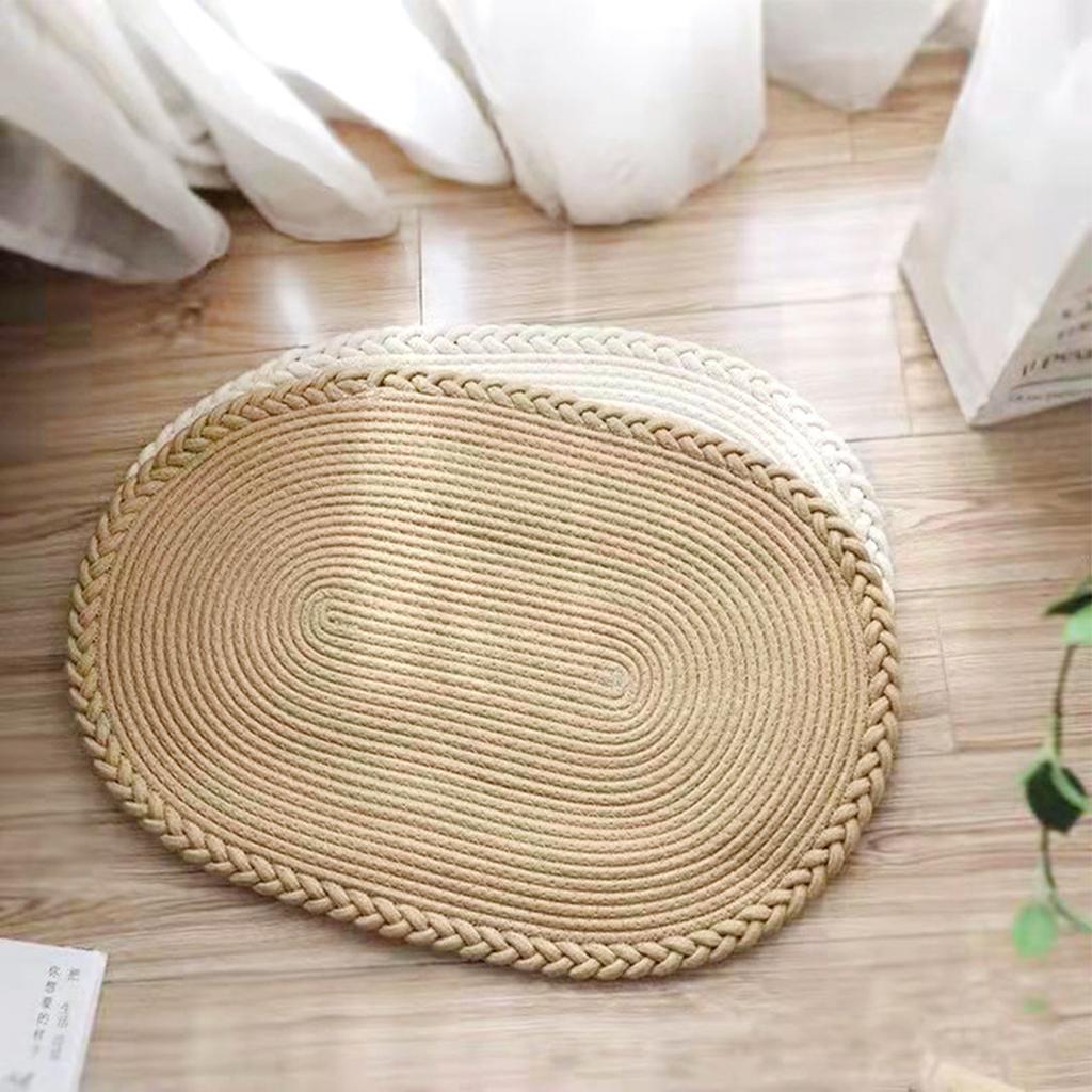 Bedroom Carpet Hand Woven Bedside Rug Study Living Room Oval Carpet Pure Color Floor Mat Beige