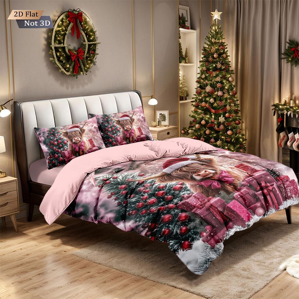 3-teiliges Rotes Weihnachten Hochlandkuh Geschenk Druck Kernloses Bettwäscheset Weiches Wohnheim Schlafzimmer Mehrere Größen Maschinenwaschbar