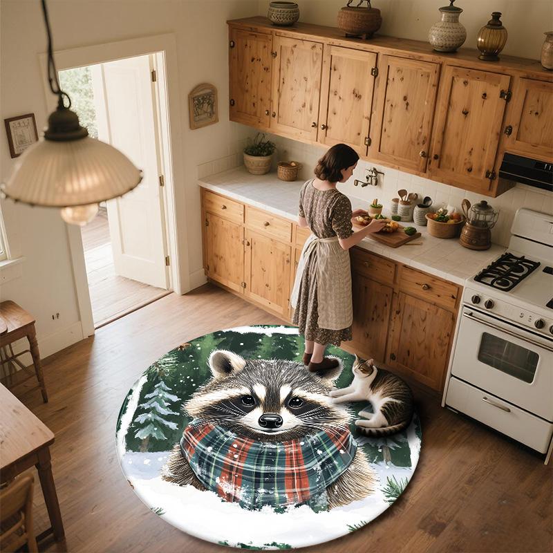 Vintage Raccoon,Round Area Rug,Carpet Rug for Living Room Bedroom Sofa Playroom Decor,Non-slip Floor Mat