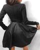Herbst/Winter Mode PU-Leder Patchwork Taillenbetonendes Kleid