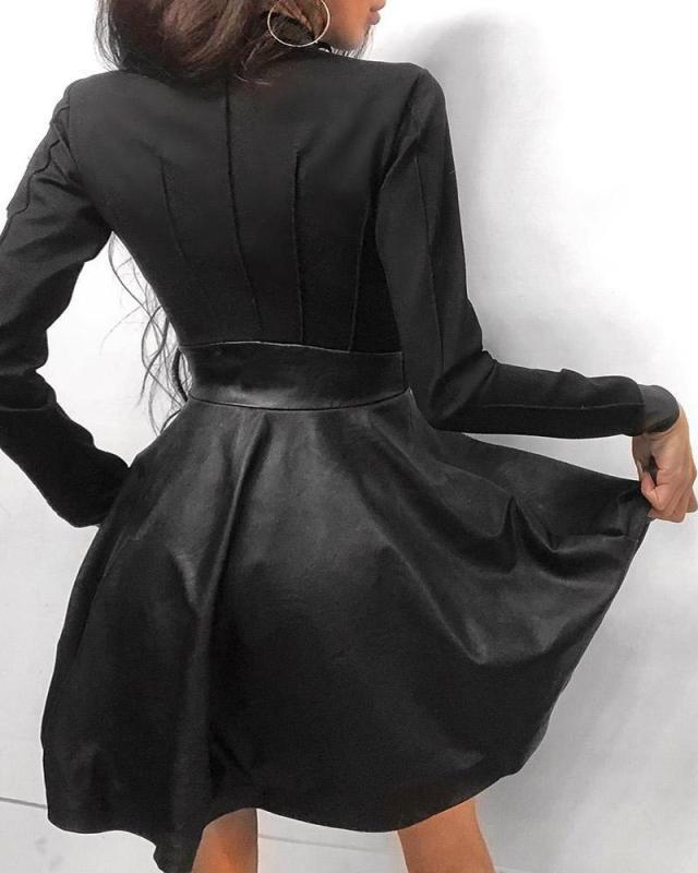 Herbst/Winter Mode PU-Leder Patchwork Taillenbetonendes Kleid
