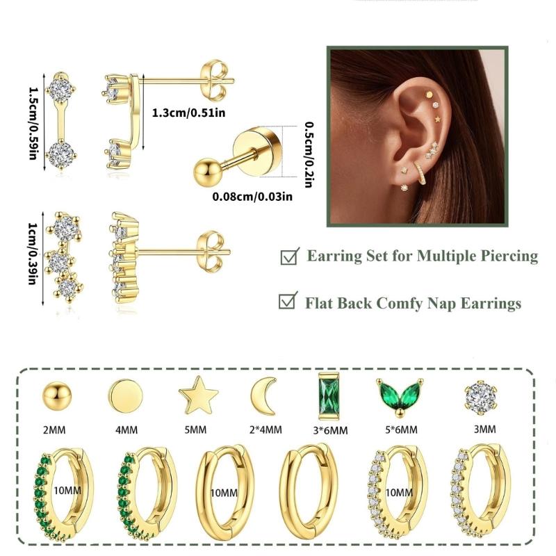 Nonallergenic Blocky Zirconia Ear Posts Set Surgical Steel Thin Jewelry For Sensitive Hearing Multiple Styles