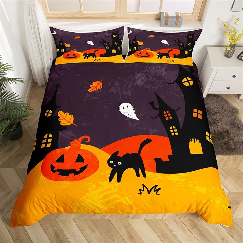 

Comforter Mystery Cemetery Sugar Skull Single Queen Halloween Bat Bedding Set Polyester Horror Theme Broom Hat Cat Comforter (quilt)-EU Single(135*200cm)3pcs