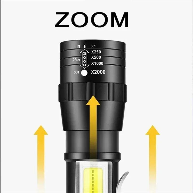 1-2PCS Mini COB+XPE LED Camping Flashlight USB Rechargeable Zoom Torch Tactical Lamp Outdoor Waterproof Emergency with Pen Clip