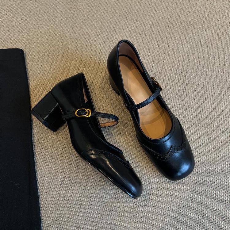 Spot version~ Versatile one-word buckle light mouth thick heel Mary Jane shoes women's retro Block square head soft leather small single shoes