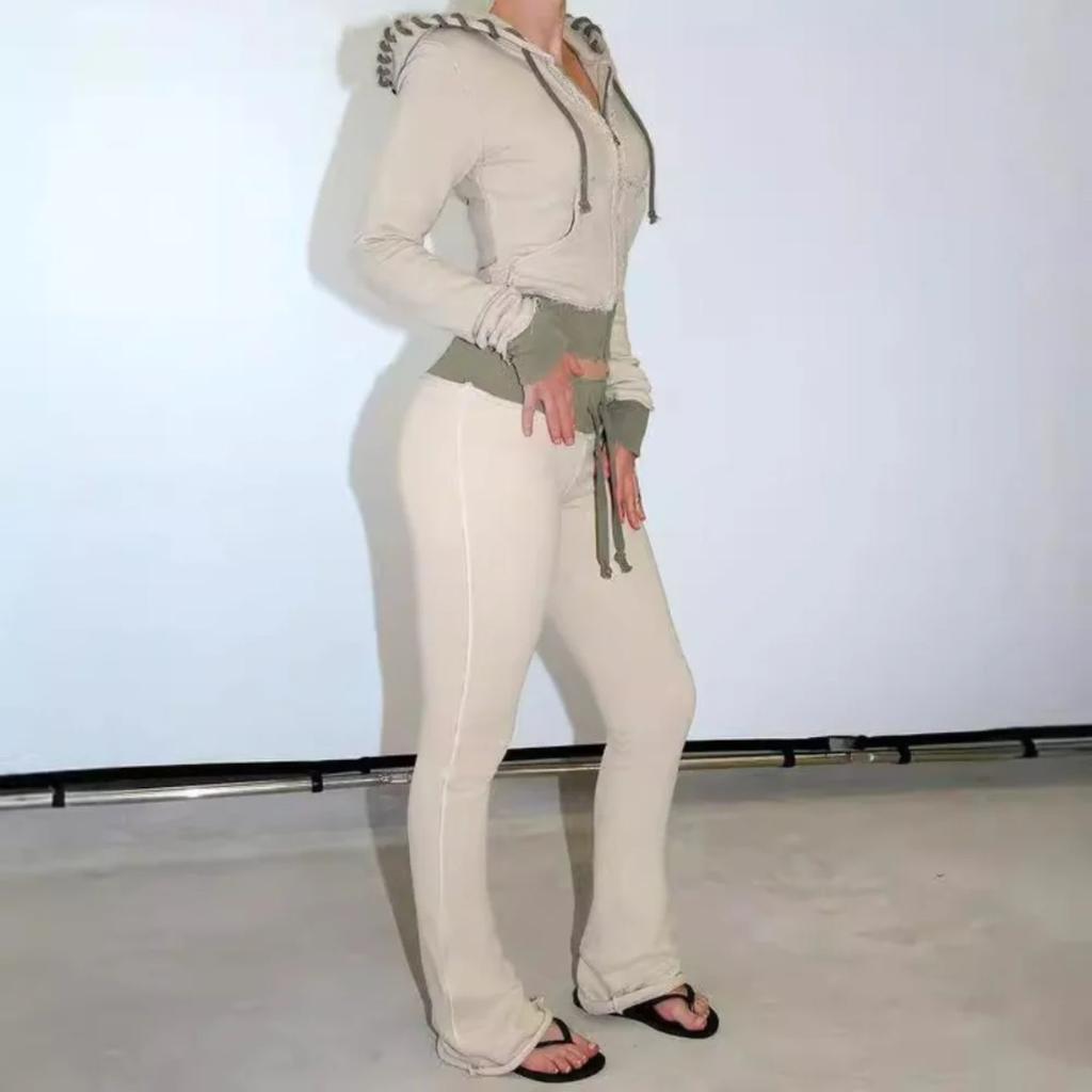 2KWEIRD Autumn Winter Casual Sports Solid Color Splicing Knit Hoodie 2 Piece Sets Woman Outfit Pantsuits