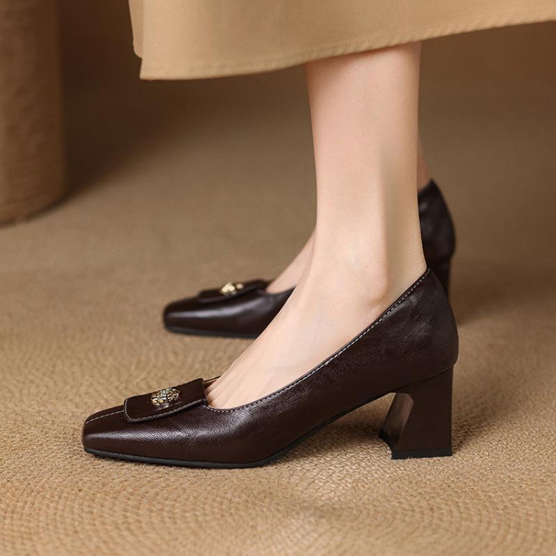 New Women's Fashion Single Shoes Square Head High Heel Small Leather Shoes Casual and Comfortable Rubber Sole Large Size Solid Color Four-season Sing