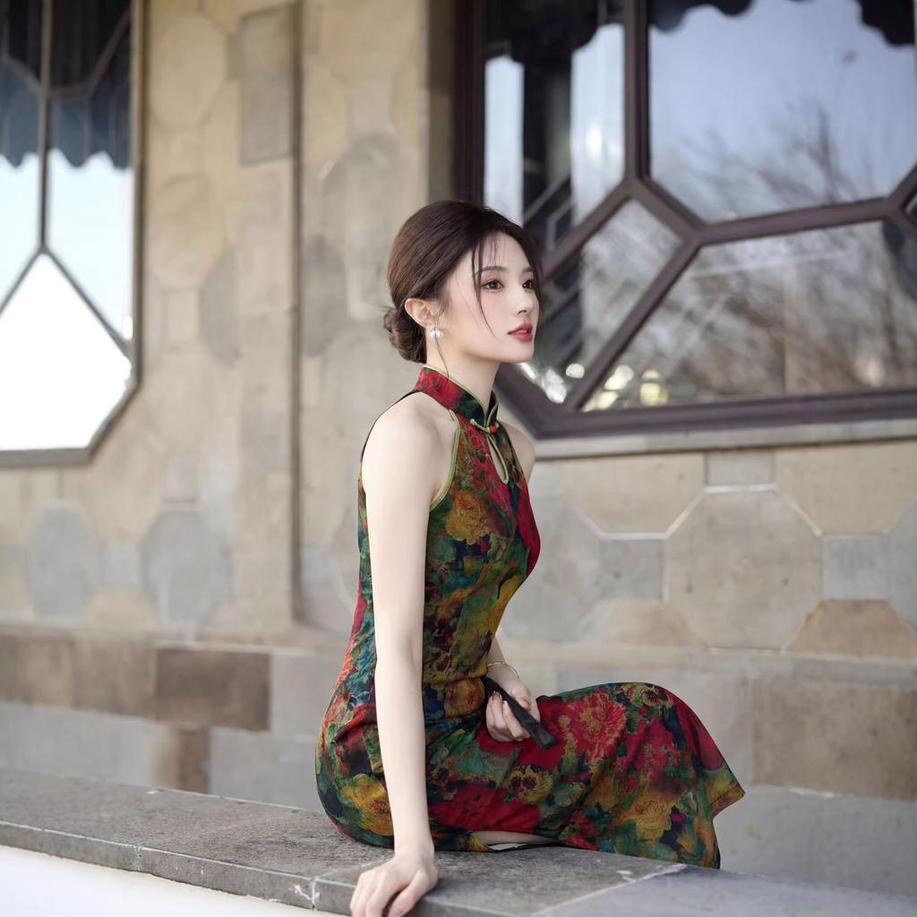 Beautiful young temperament retro style neck water drop collar cheongsam floral long daily senior sense thin dress