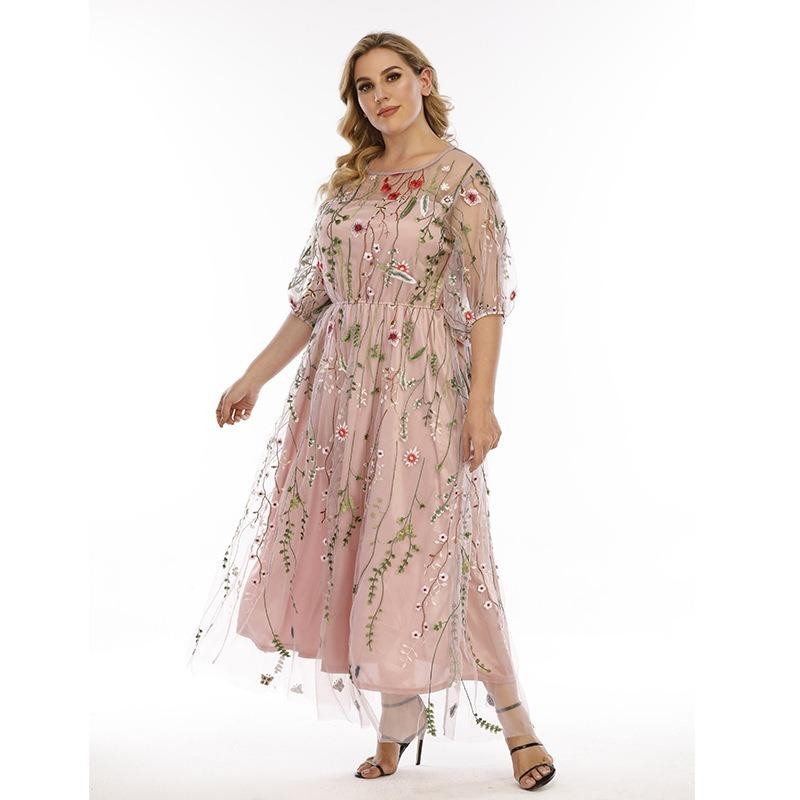Floral Tulle Plus Size Dresses for Women Round Necked Lace Appliques Dress Summer Mesh Sheer Bling Floral Pleated Dress Commuter Fashion Dresses