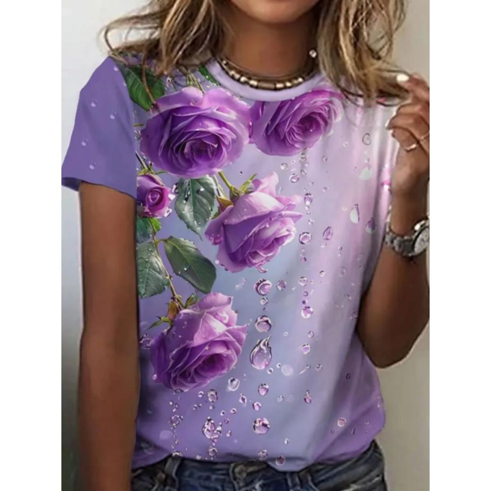Summer Women T-shirt Creative Flower 3D Printed Short Sleeved T-shirt Fashionable Comfortable Soft Breathable Large Loose T-shirt