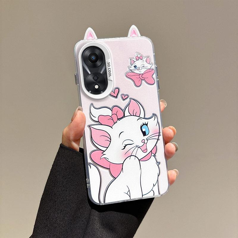 KEYSION Cute Ear Cartoon Case for OPPO A58 4G A38 A18 with Lanyard Soft Silicone+PC Shockproof Phone Back Cover for OPPO A17 A17K