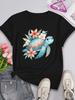 Fashionable Unisex Crew Neck T-shirt, Featuring Floral and Marine Turtle Prints, Suitable for All Se