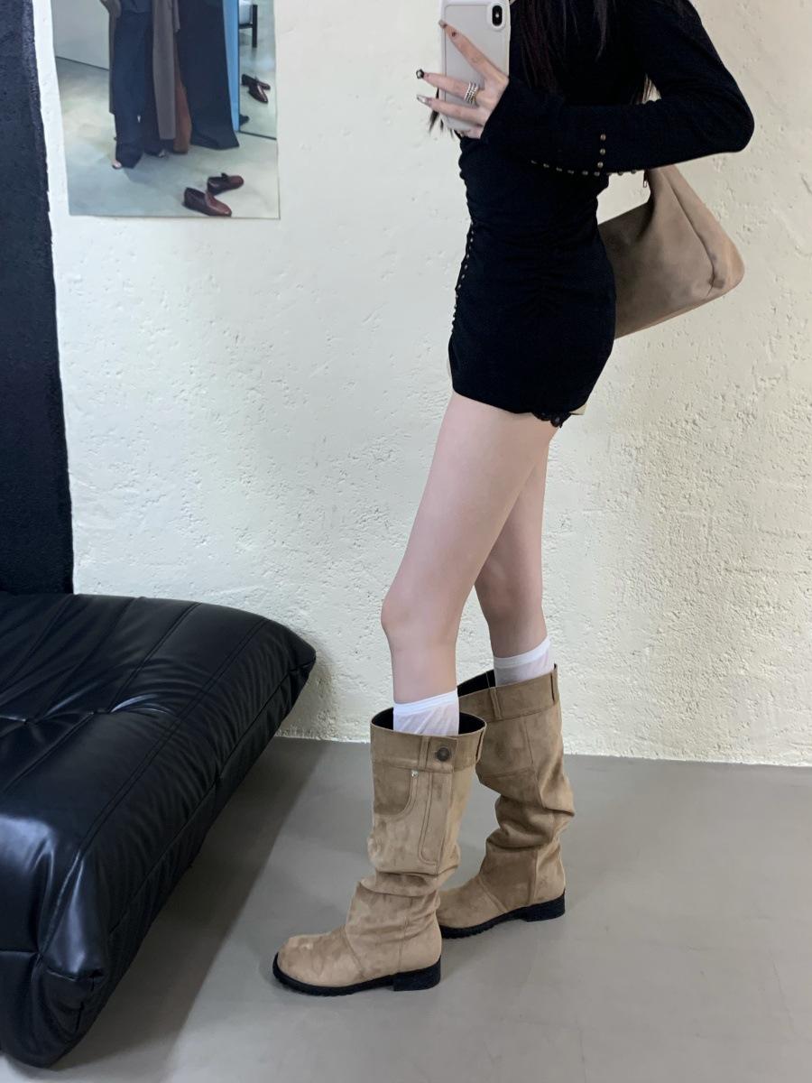 

2025 autumn and winter babes wide tube pleated pile boots retro western cowboy boots thick heel boots female knight boots 39 хаки